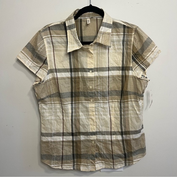 St. John's Bay Tops - St. John's Bay Beige and Brown Plaid Shirt Minimalist Classic Western